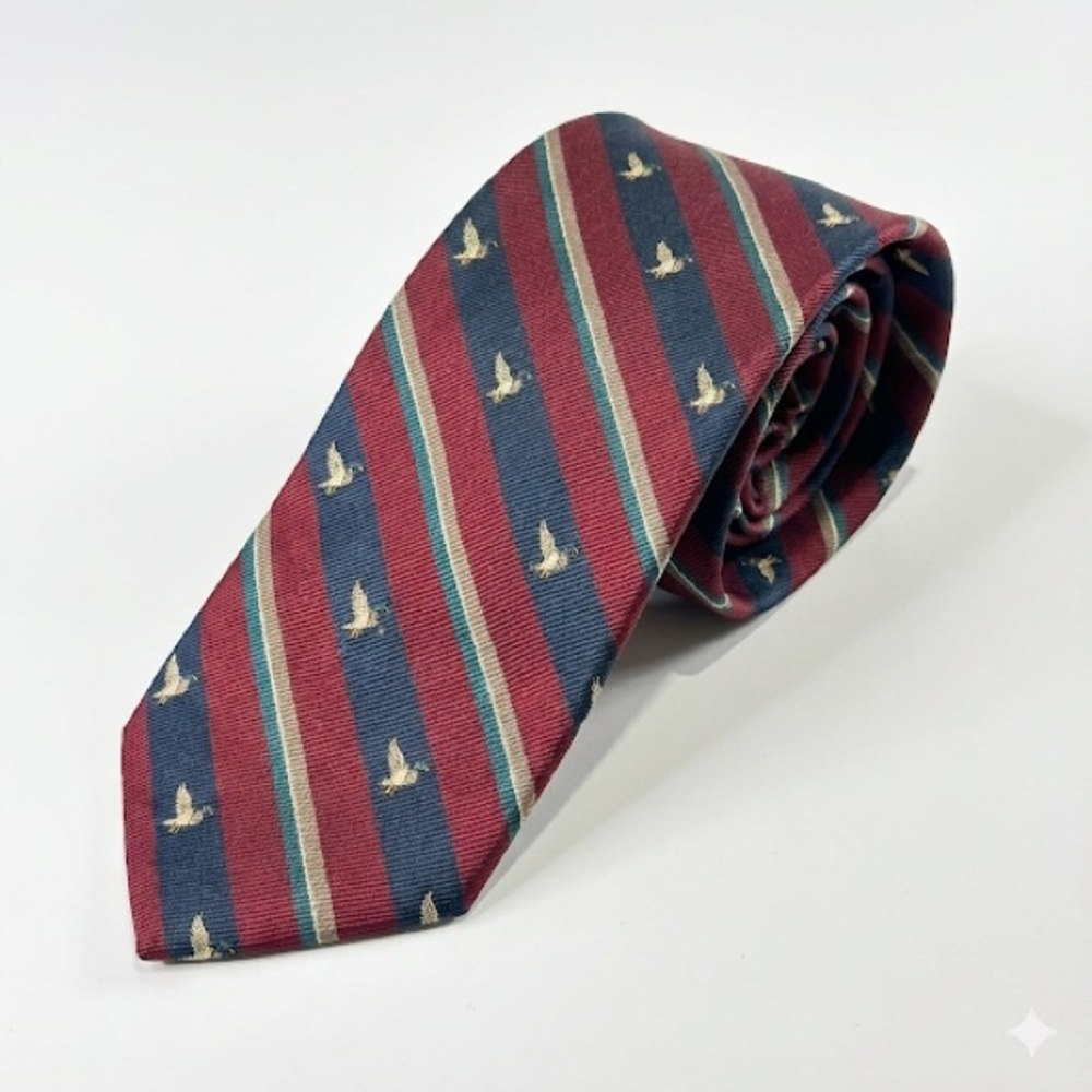 DAKS silk tie striped embroidered bird vintage prep